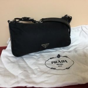 Glam Prada Mini Nylon Pouchette Hobo Purse. Black.